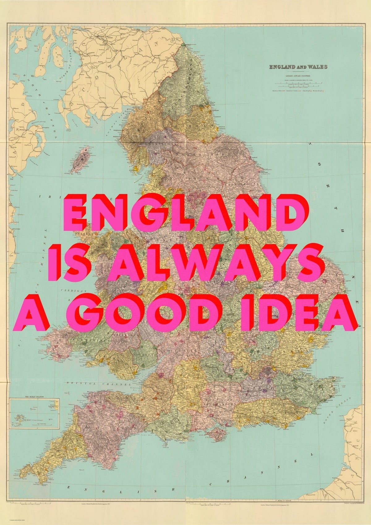 England Retro Pop Art Map Print (portrait)