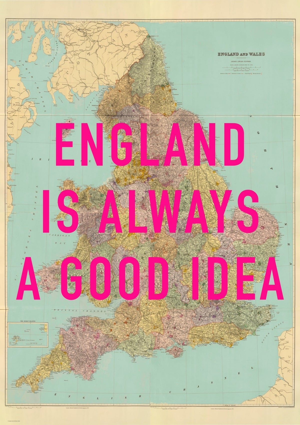 England Retro Pop Art Map Print (portrait)