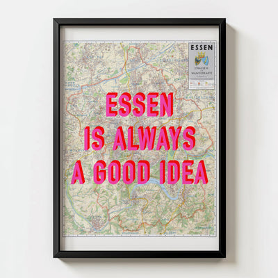 Essen Retro Pop Art Map Print (portrait) - black frame mockup - Magic Posters Bold