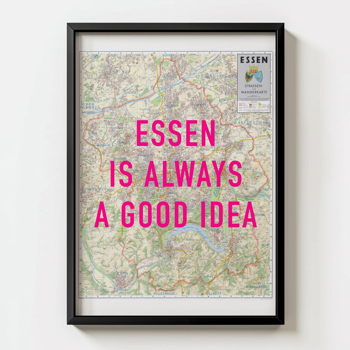 Essen Retro Pop Art Map Print (portrait) - black frame mockup - Magic Posters