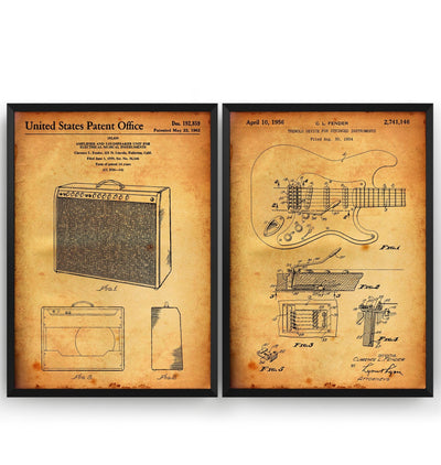 Fender Stratocaster Guitar 1954 + Amplifier 1962 Sets Of 2 Patent Prints - Magic Posters