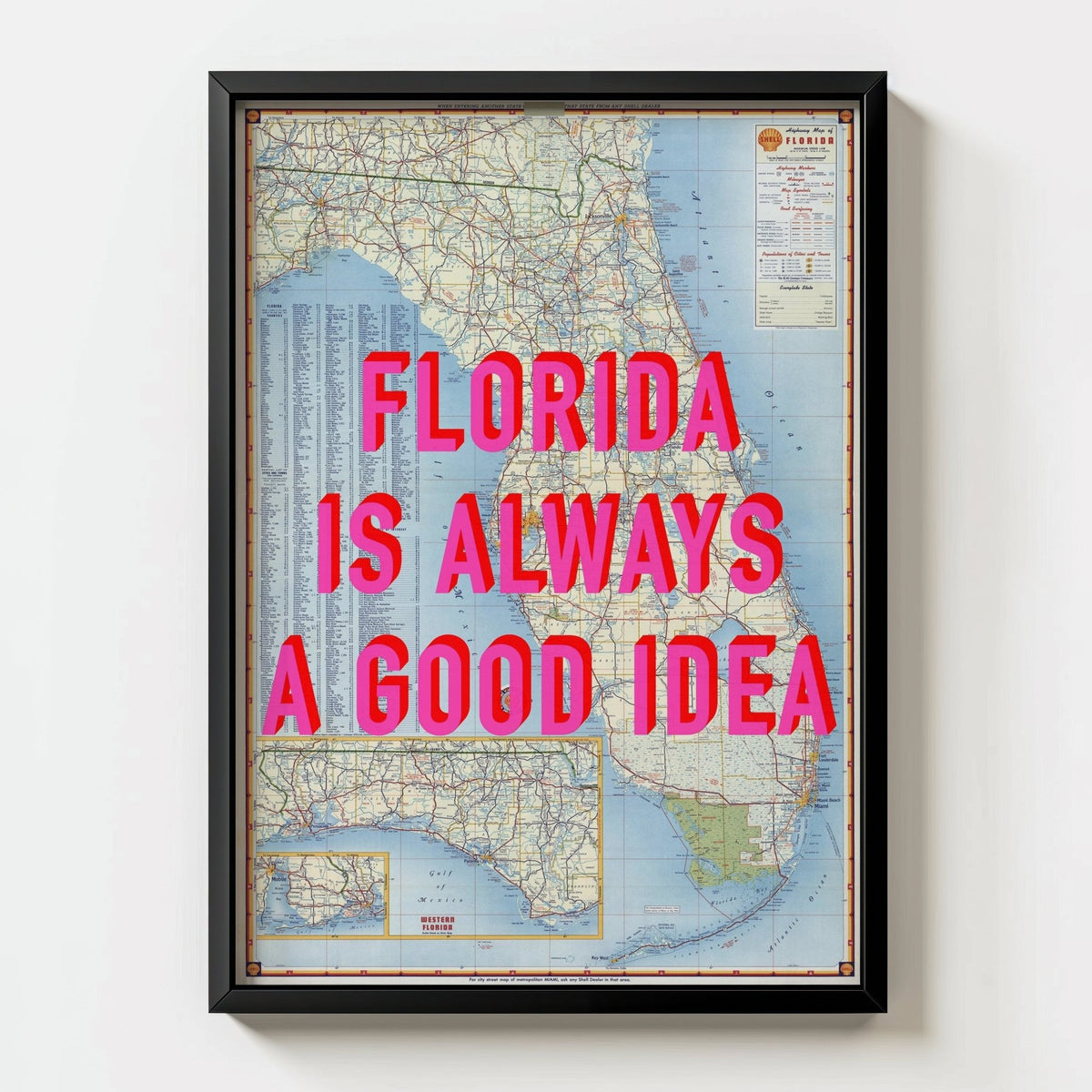 Florida Retro Pop Art Map Print - black frame mockup - Magic Posters