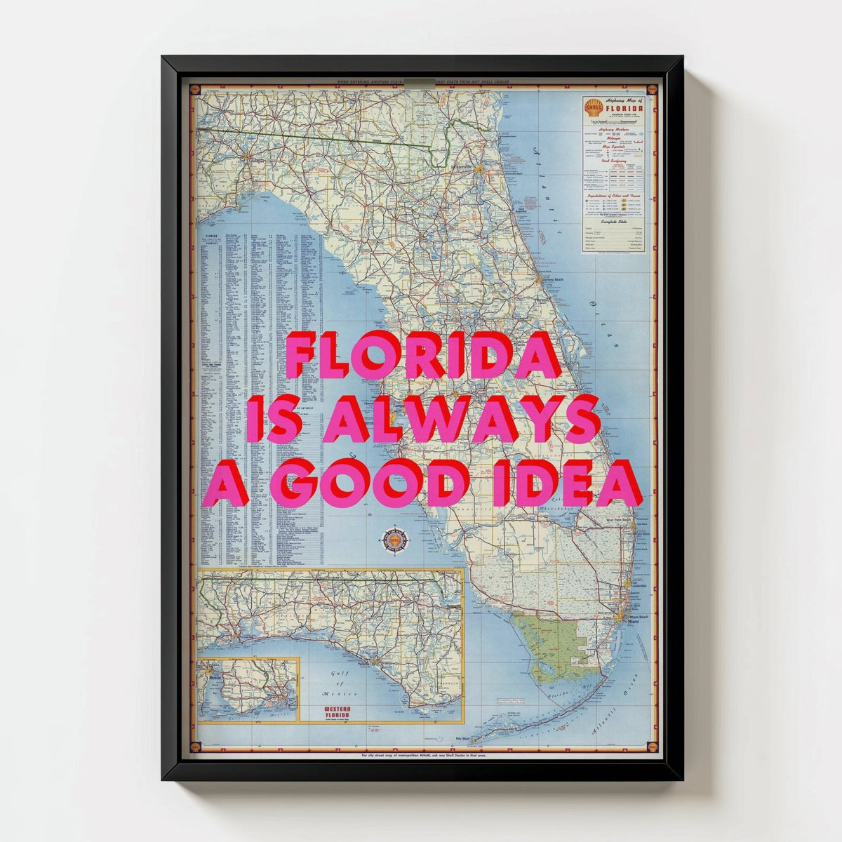 Florida Retro Pop Art Map Print - black frame mockup - Magic Posters
