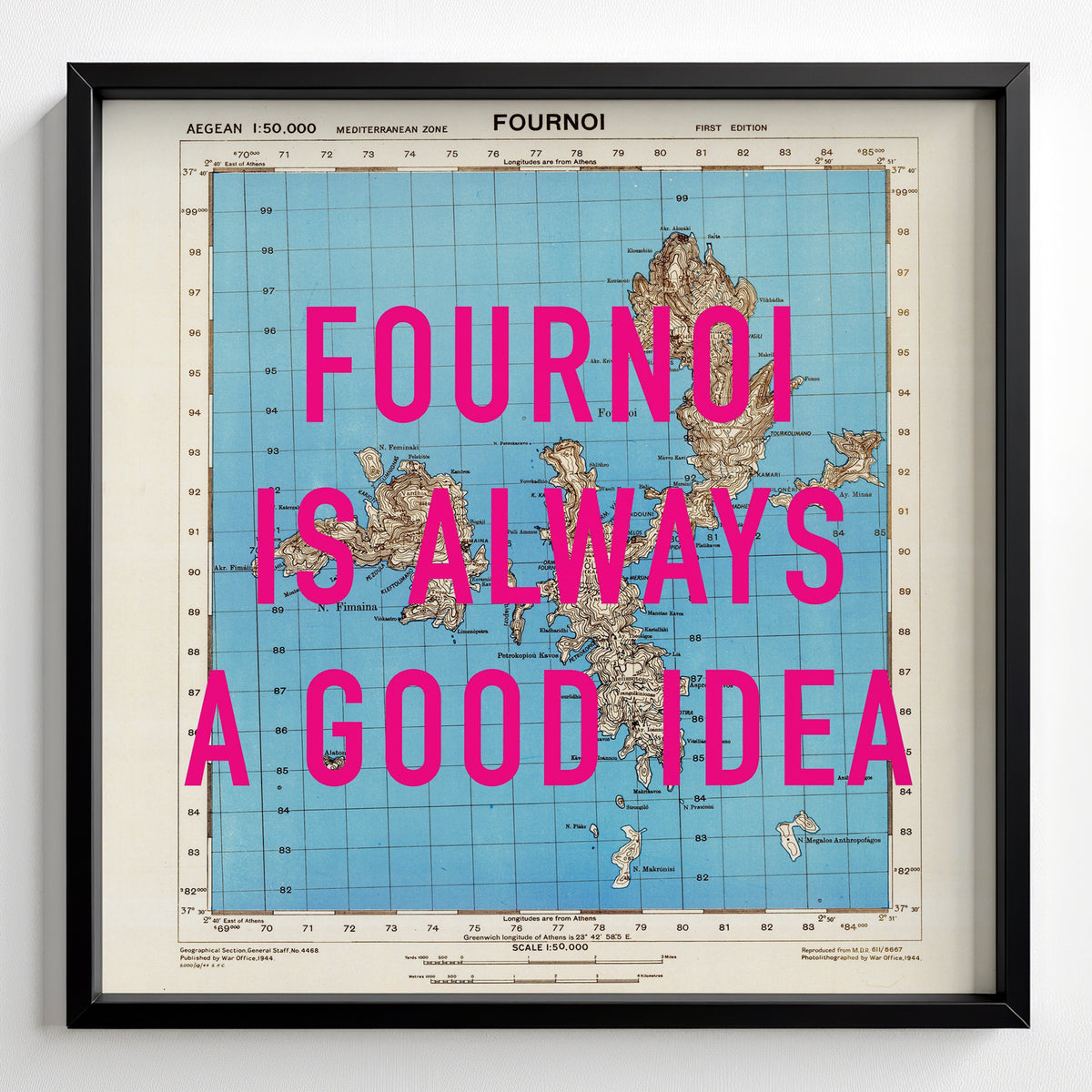 Fournoi Korseon Greek Island Retro Pop Art Map Print (square) - black frame mockup - Magic Posters