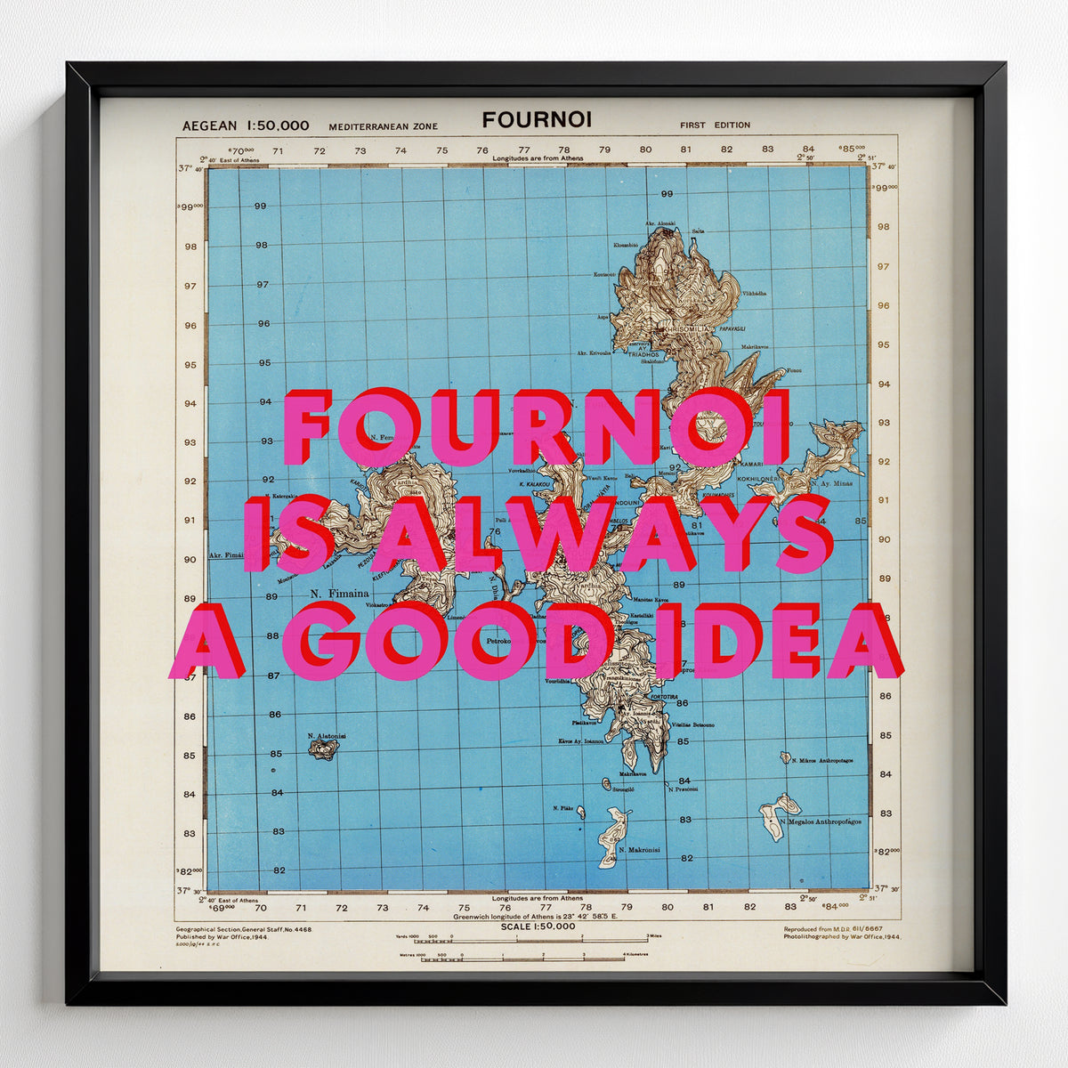 Fournoi Korseon Greek Island Retro Pop Art Map Print (square) - black frame mockup - Magic Posters