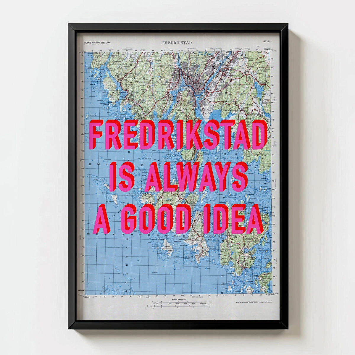 Fredrikstad Retro Pop Art Map Print (portrait) - black frame mockup - Magic Posters Bold