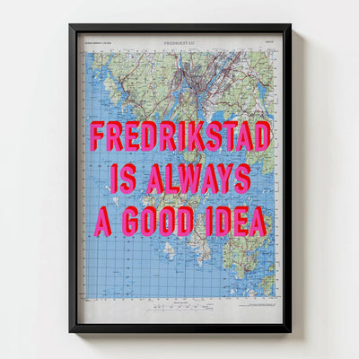 Fredrikstad Retro Pop Art Map Print (portrait) - black frame mockup - Magic Posters Bold