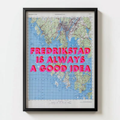 Fredrikstad Retro Pop Art Map Print (portrait) - black frame mockup - Magic Posters