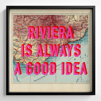 French Riviera Retro Pop Art Map Print (France) - black frame mockup - Magic Posters