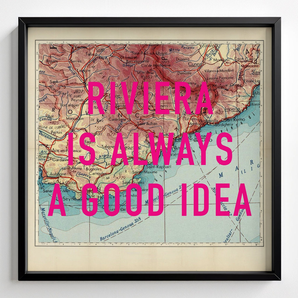 French Riviera Retro Pop Art Map Print (France) - black frame mockup - Magic Posters