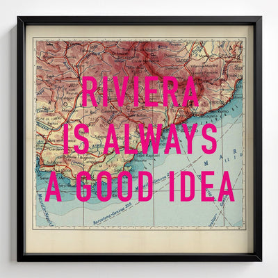 French Riviera Retro Pop Art Map Print (France) - black frame mockup - Magic Posters