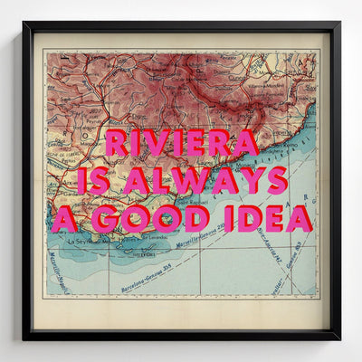 French Riviera Retro Pop Art Map Print (France) - black frame mockup - Magic Posters