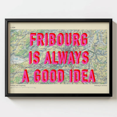 Fribourg Retro Pop Art Map Print (landscape) - black frame mockup - Magic Posters Bold