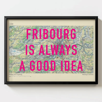 Fribourg Retro Pop Art Map Print (landscape) - black frame mockup - Magic Posters