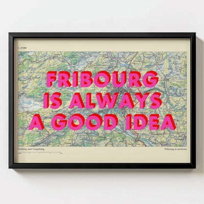 Fribourg Retro Pop Art Map Print (landscape) - black frame mockup - Magic Posters