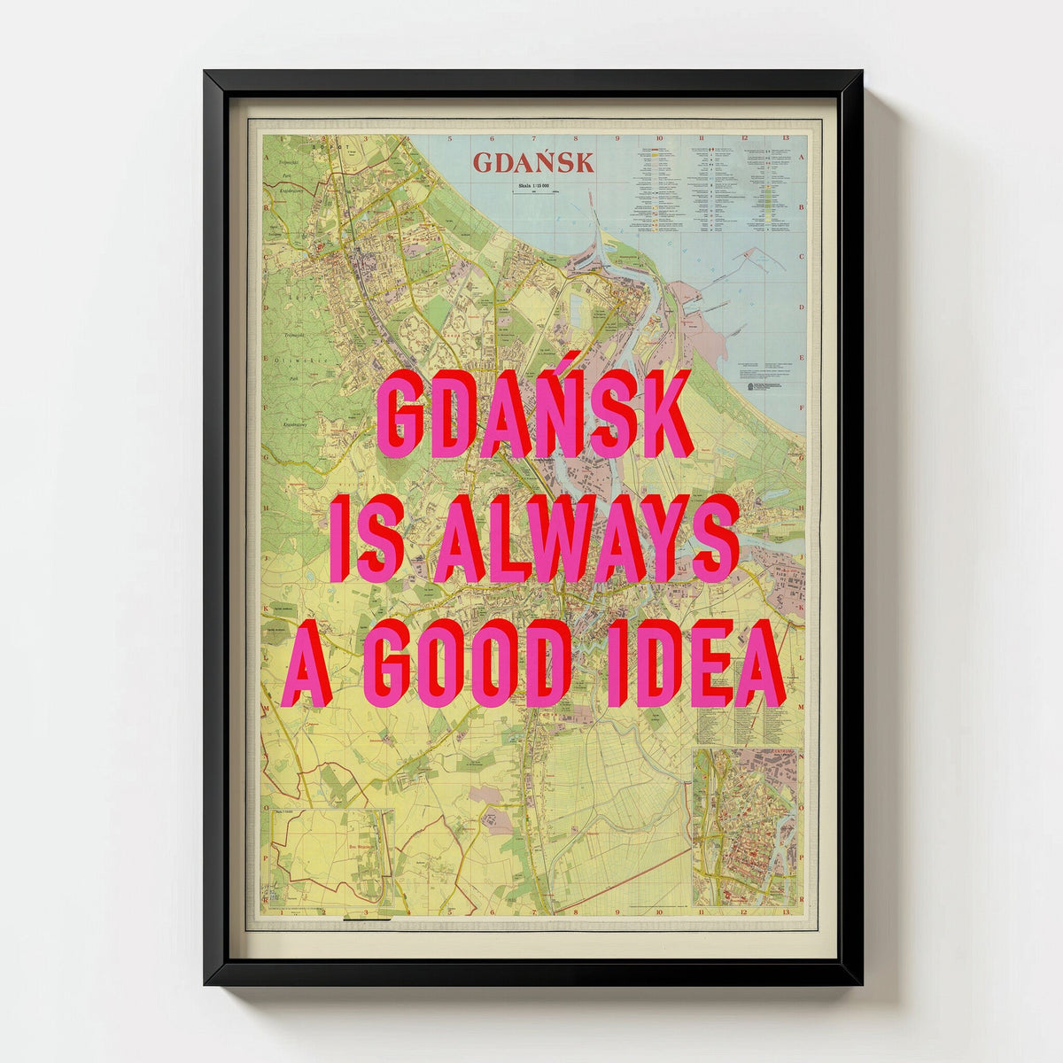 Gdansk Retro Pop Art Map Print (portrait) - black frame mockup - Magic Posters Bold