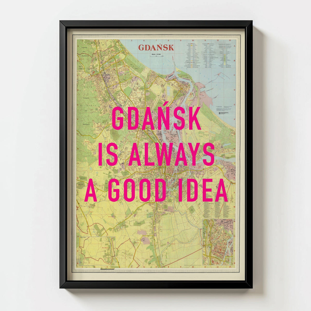 Gdansk Retro Pop Art Map Print (portrait) - black frame mockup - Magic Posters