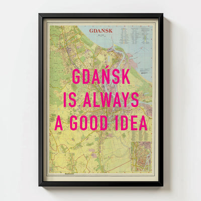 Gdansk Retro Pop Art Map Print (portrait) - black frame mockup - Magic Posters