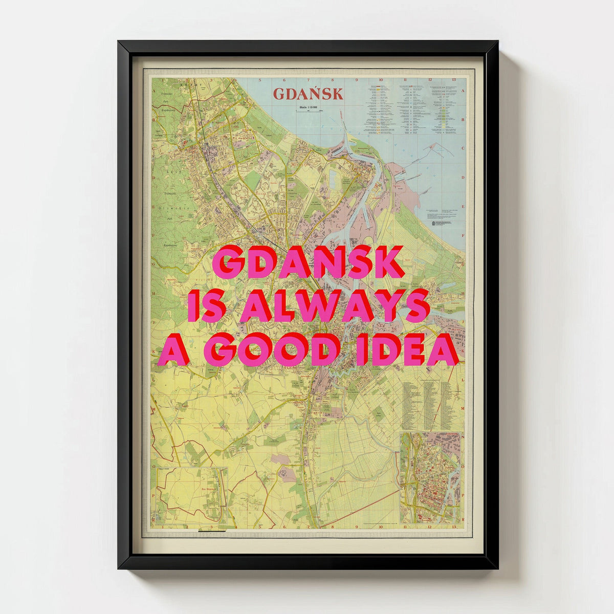 Gdansk Retro Pop Art Map Print (portrait) - black frame mockup - Magic Posters