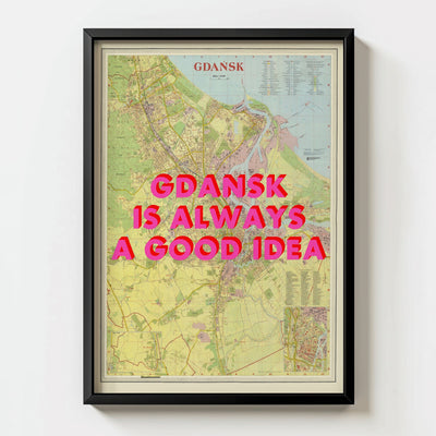 Gdansk Retro Pop Art Map Print (portrait) - black frame mockup - Magic Posters