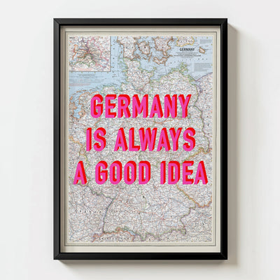 Germany Retro Pop Art Map Print (portrait) - black frame mockup - Magic Posters Bold