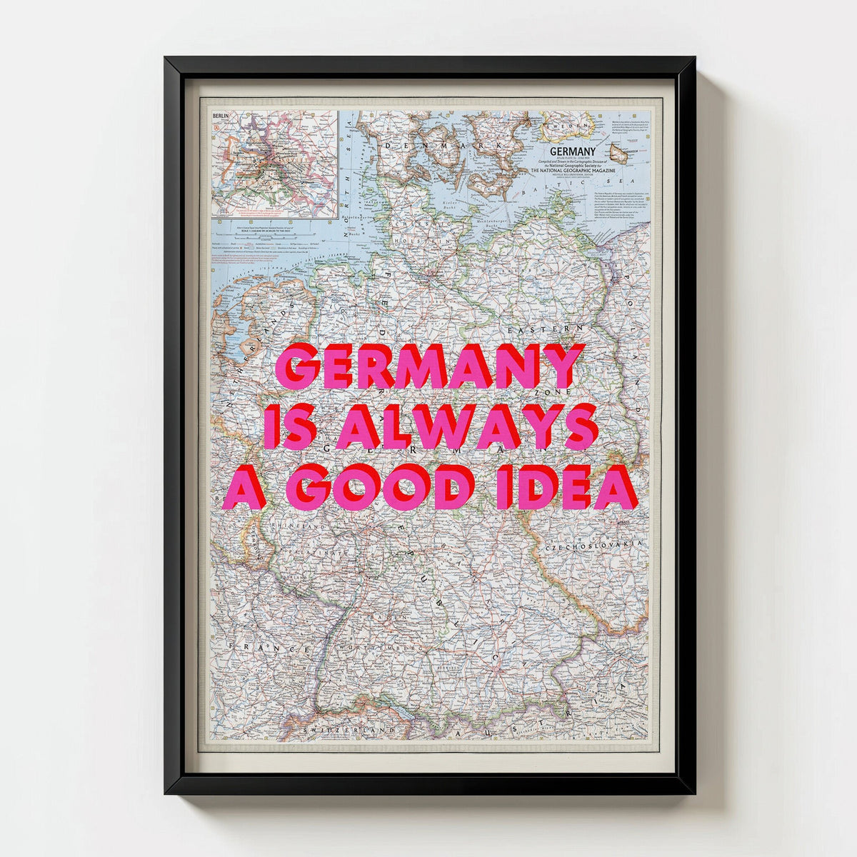 Germany Retro Pop Art Map Print (portrait) - black frame mockup - Magic Posters