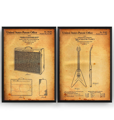 Gibson Flying V Guitar 1958 + Amplifier 1962 Sets Of 2 Patent Prints - Magic Posters