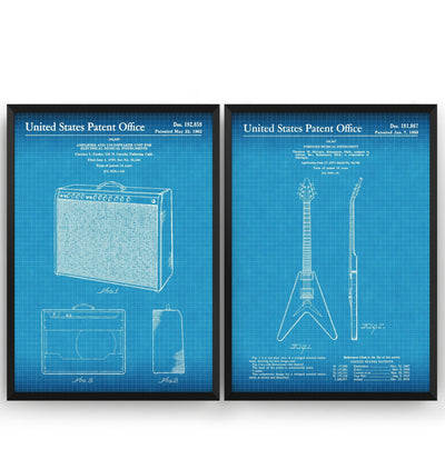 Gibson Flying V Guitar 1958 + Amplifier 1962 Sets Of 2 Patent Prints - Magic Posters
