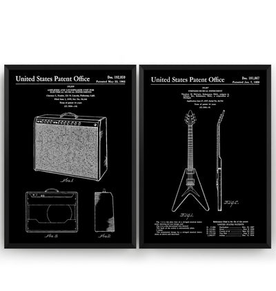 Gibson Flying V Guitar 1958 + Amplifier 1962 Sets Of 2 Patent Prints - Magic Posters