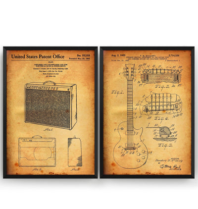 Gibson Les Paul Guitar 1955 + Amplifier 1962 Sets Of 2 Patent Prints - Magic Posters