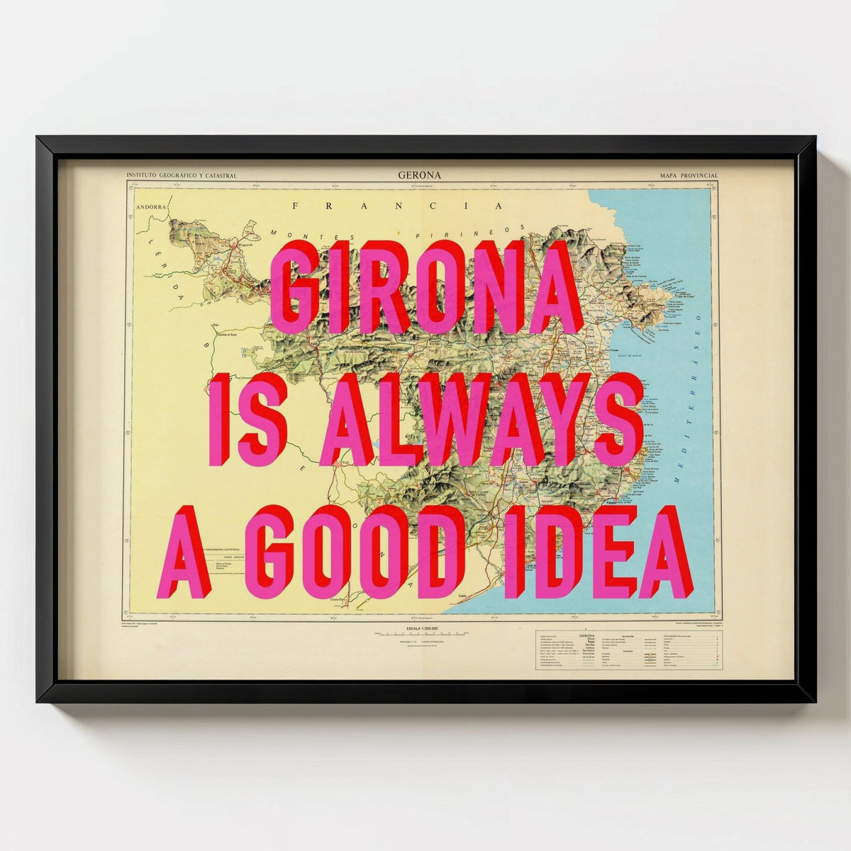 Girona Retro Pop Art Map Print Spain (landscape) - black frame mockup - Magic Posters