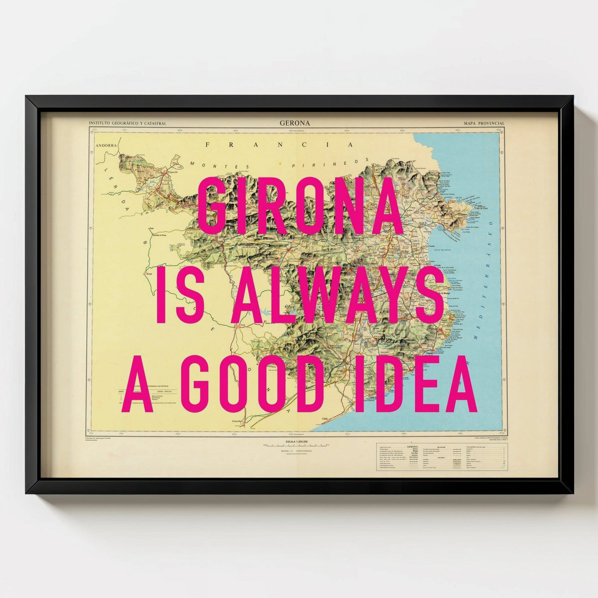 Girona Retro Pop Art Map Print Spain (landscape) - black frame mockup - Magic Posters