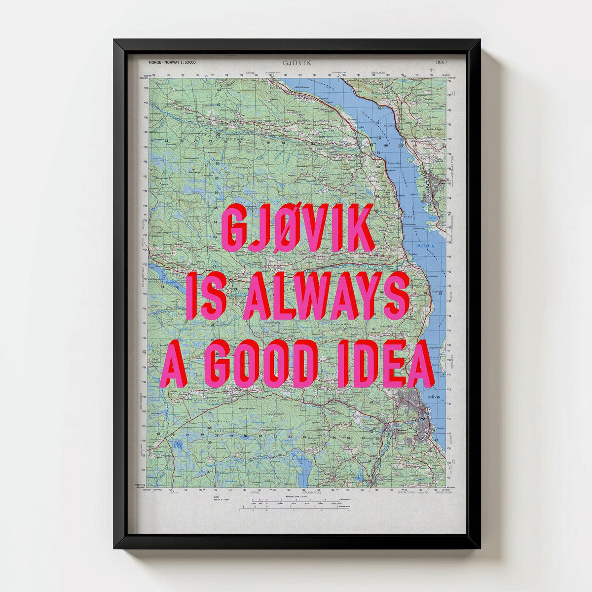 Gjøvik Retro Pop Art Map Print (portrait) - black frame mockup - Magic Posters Bold