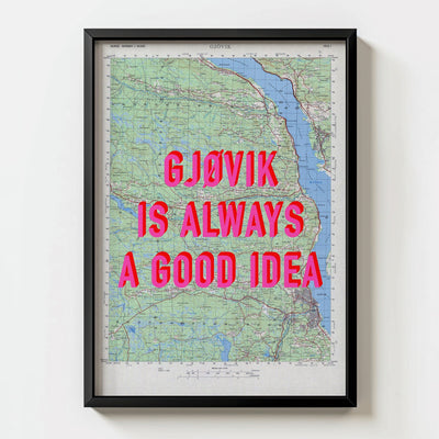 Gjøvik Retro Pop Art Map Print (portrait) - black frame mockup - Magic Posters Bold