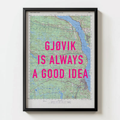 Gjøvik Retro Pop Art Map Print (portrait) - black frame mockup - Magic Posters