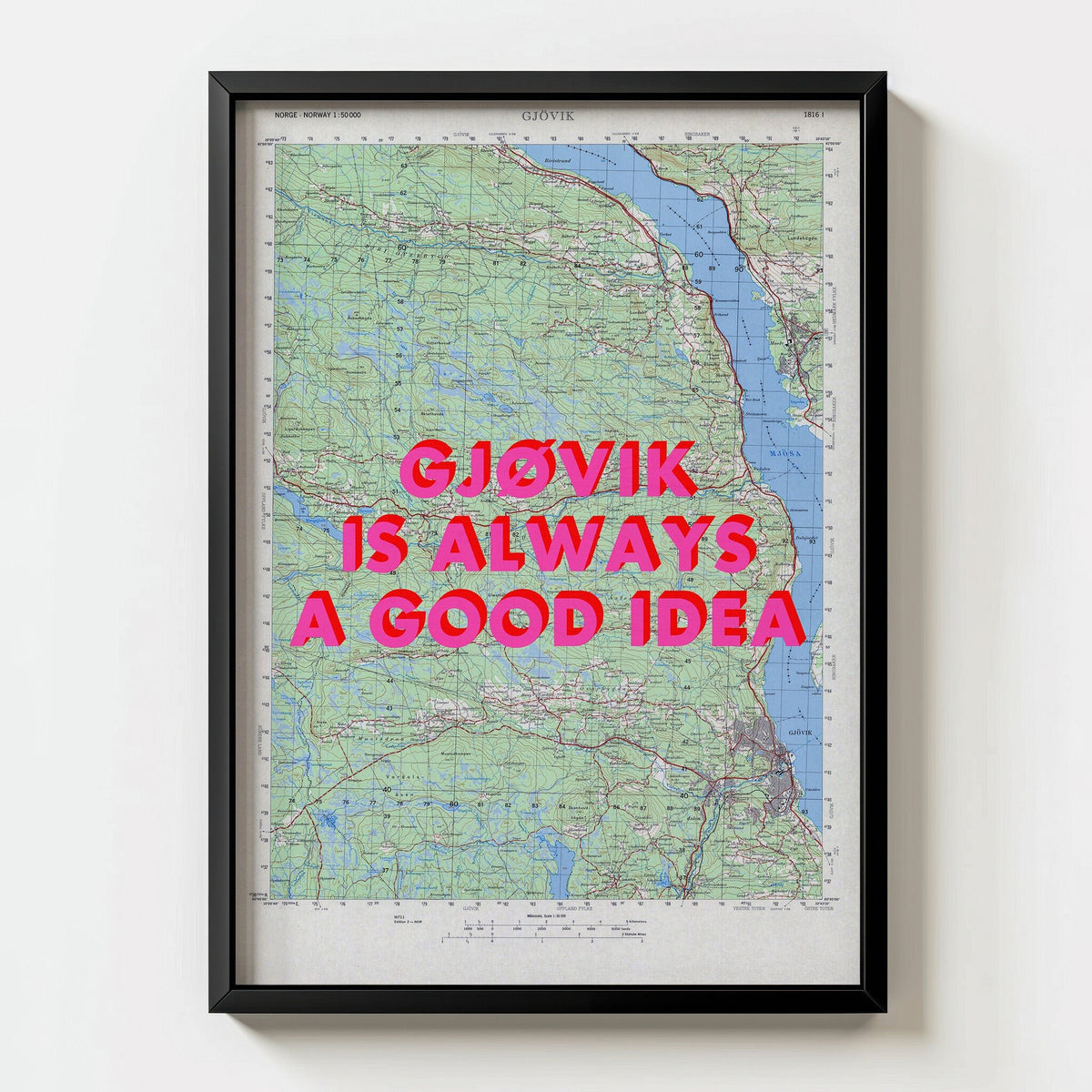 Gjøvik Retro Pop Art Map Print (portrait) - black frame mockup - Magic Posters