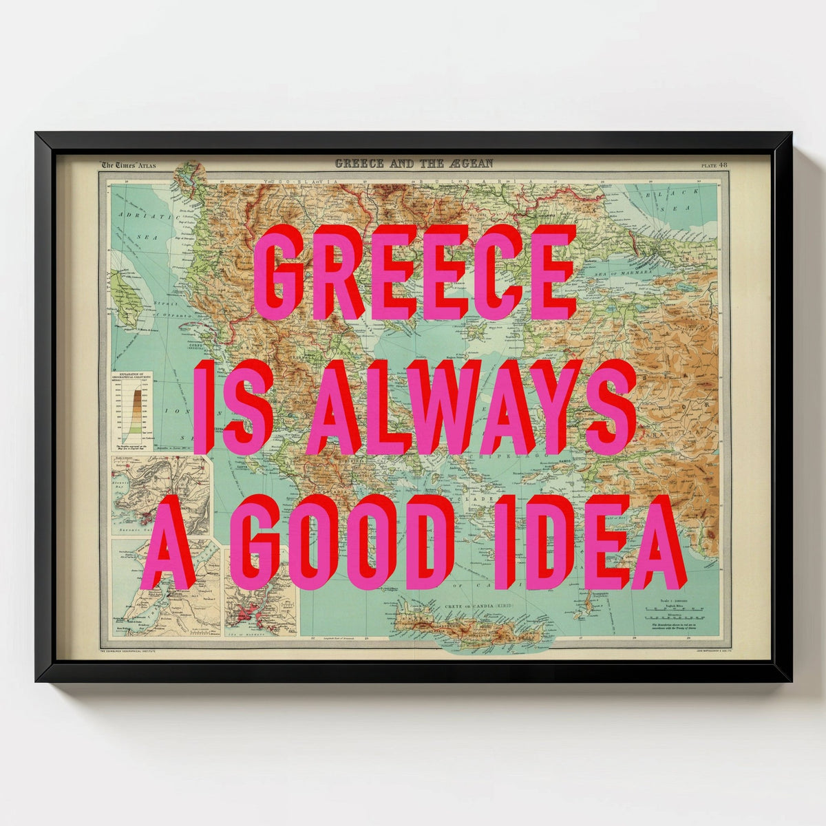 Greece Retro Pop Art Map Print - black frame mockup - Magic Posters