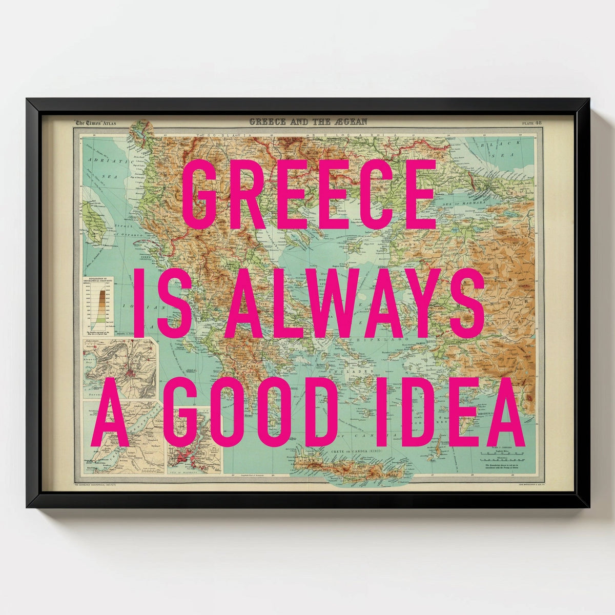 Greece Retro Pop Art Map Print - black frame mockup - Magic Posters