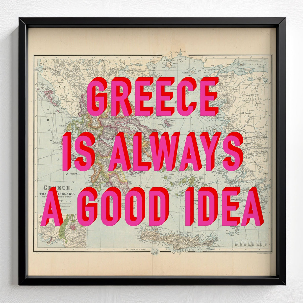 Greece Retro Pop Art Map Print (square) - black frame mockup - Magic Posters