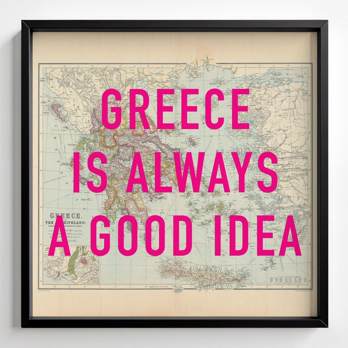 Greece Retro Pop Art Map Print (square) - black frame mockup - Magic Posters