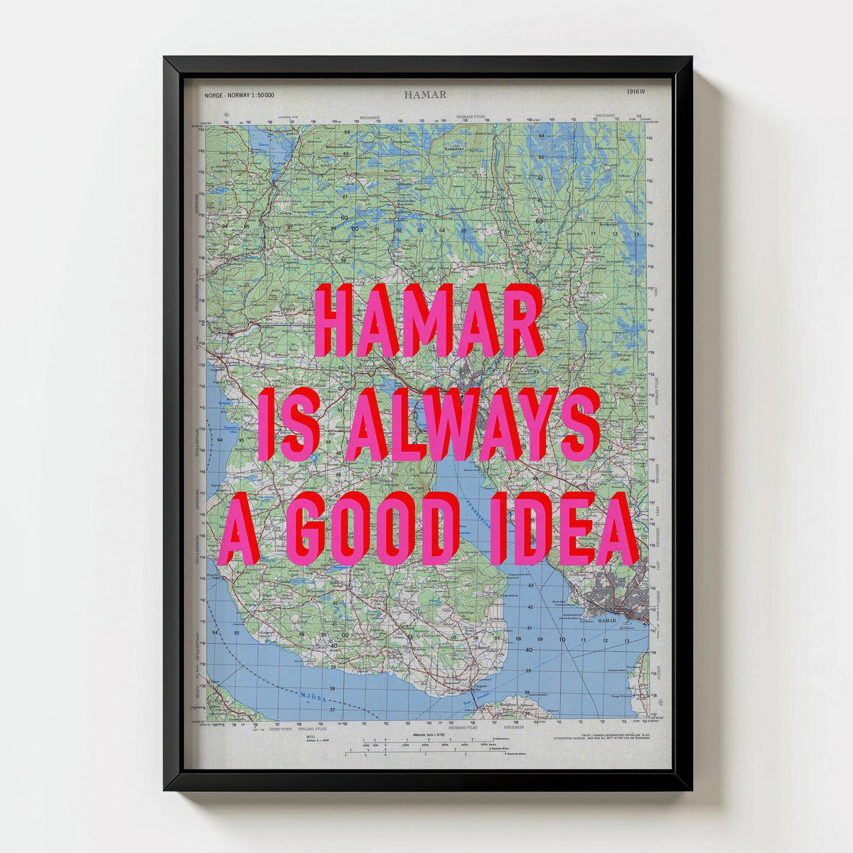 Hamar Retro Pop Art Map Print (portrait) - black frame mockup - Magic Posters Bold