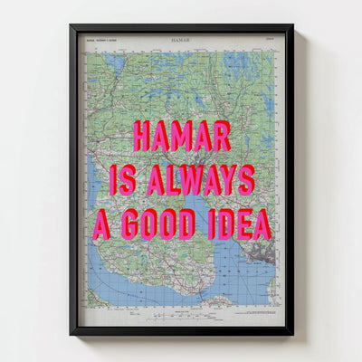 Hamar Retro Pop Art Map Print (portrait) - black frame mockup - Magic Posters Bold