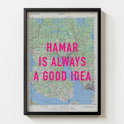 Hamar Retro Pop Art Map Print (portrait) - black frame mockup - Magic Posters