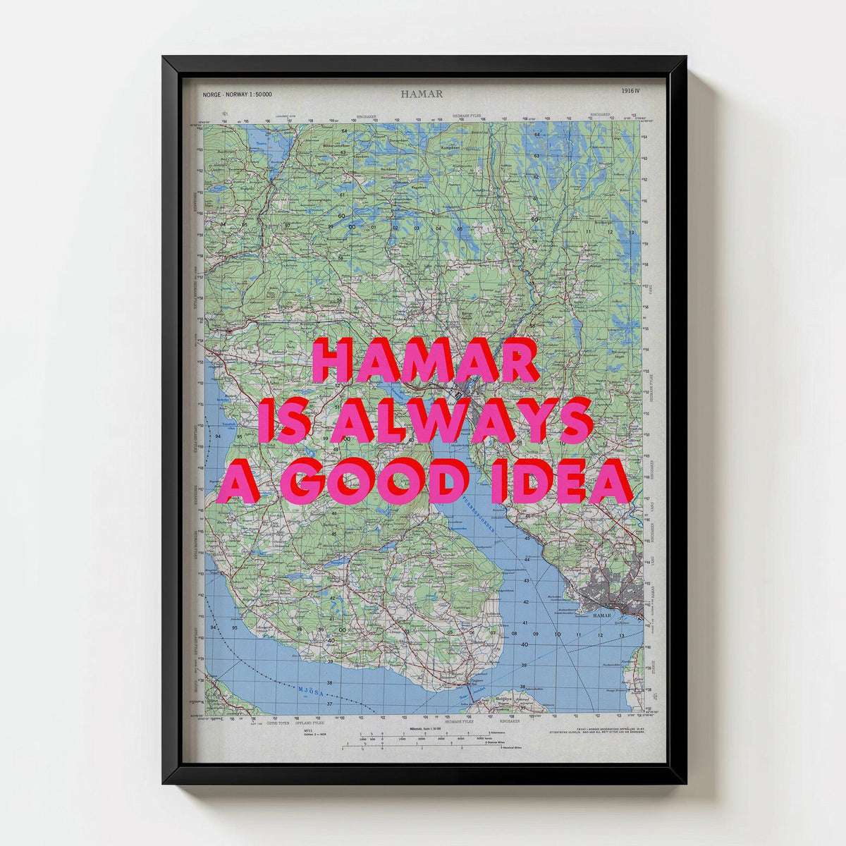 Hamar Retro Pop Art Map Print (portrait) - black frame mockup - Magic Posters