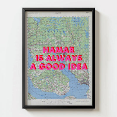 Hamar Retro Pop Art Map Print (portrait) - black frame mockup - Magic Posters