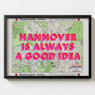 Hannover Retro Pop Art Map Print (landscape) - black frame mockup - Magic Posters