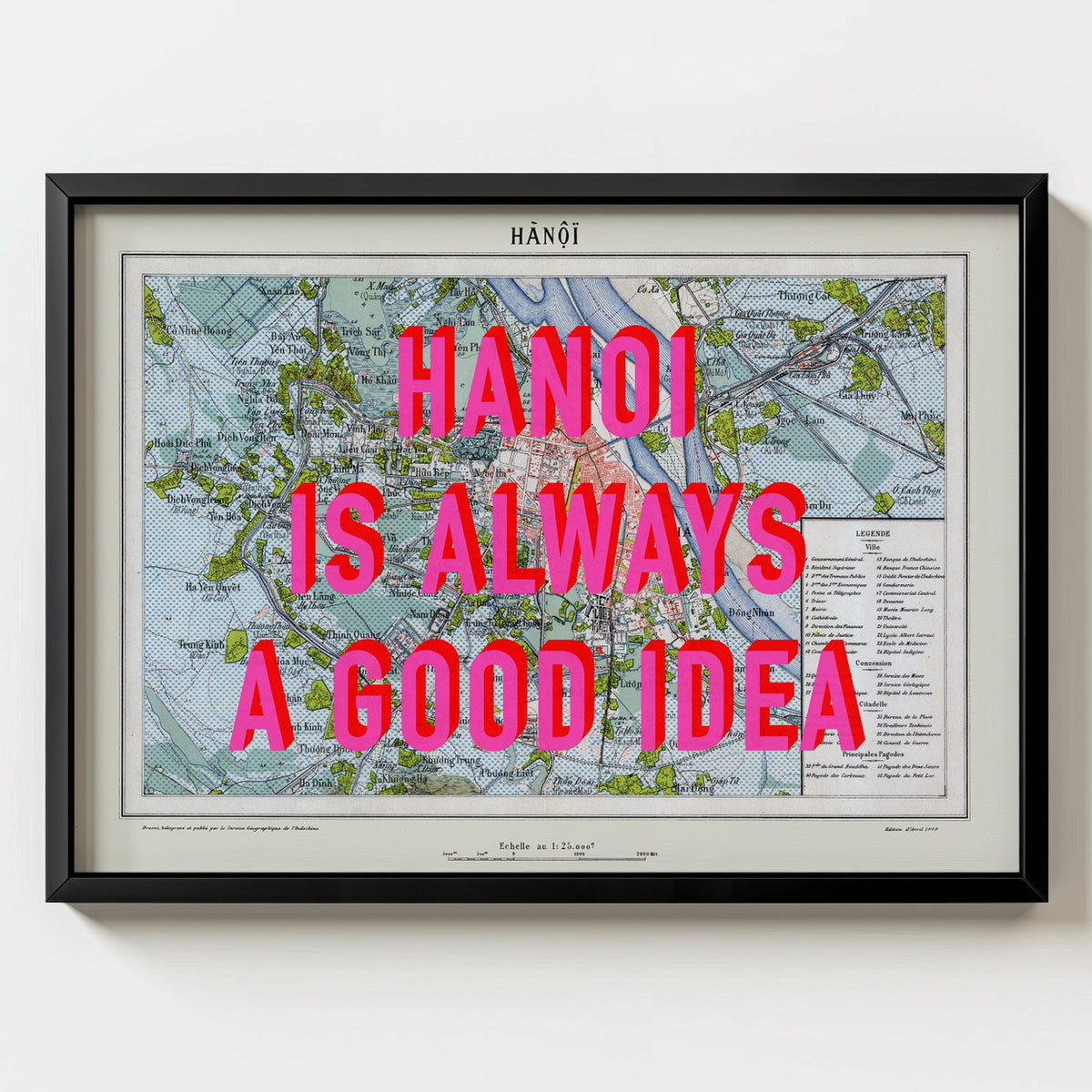 Hanoi Retro Pop Art Map Print (landscape) - black frame mockup - Magic Posters Bold