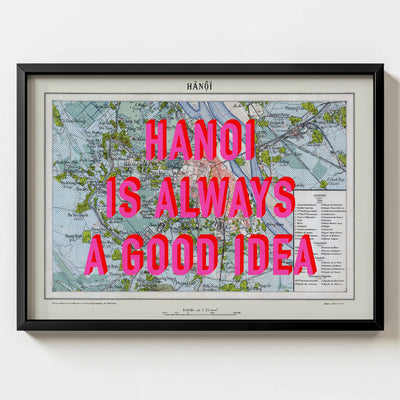Hanoi Retro Pop Art Map Print (landscape) - black frame mockup - Magic Posters Bold