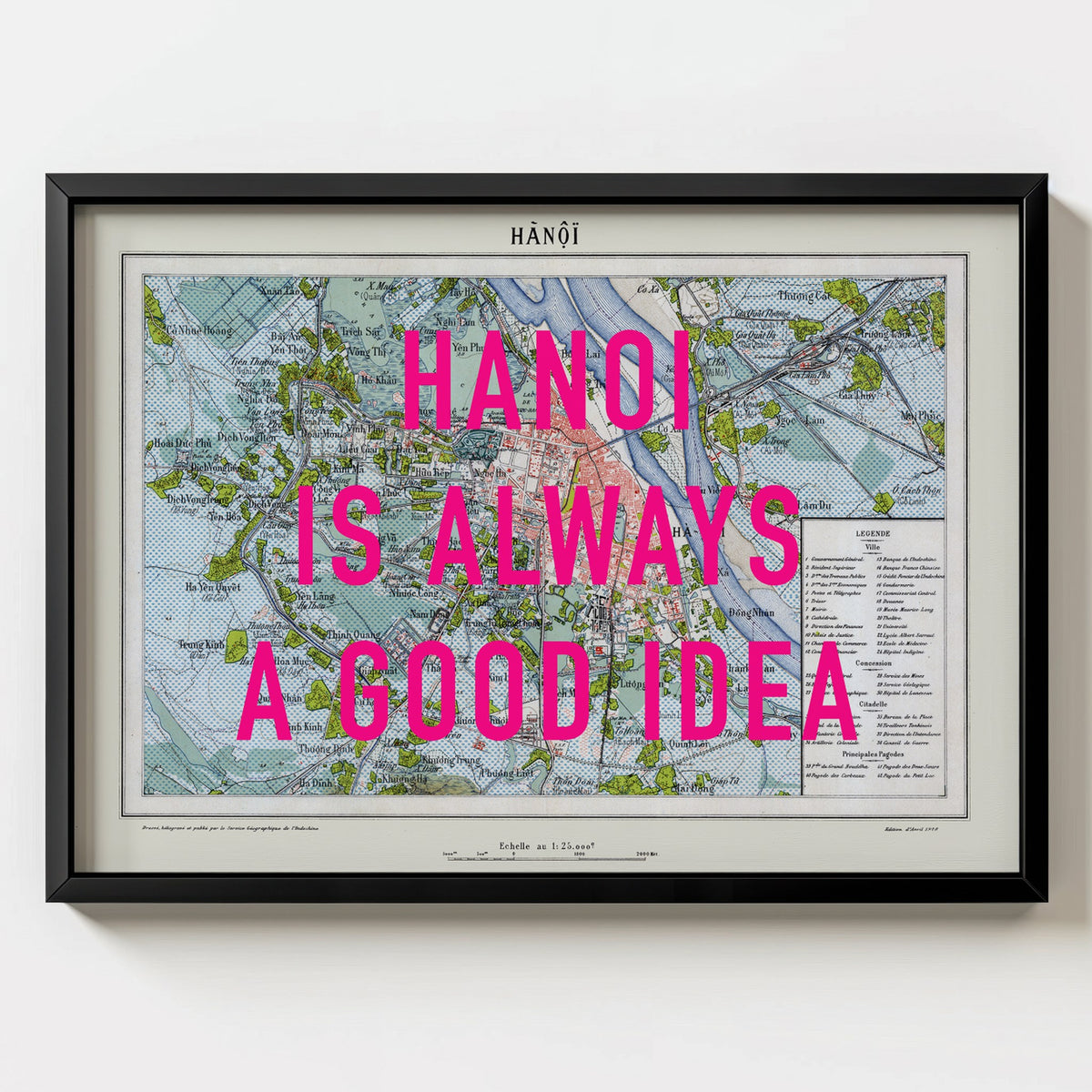 Hanoi Retro Pop Art Map Print (landscape) - black frame mockup - Magic Posters