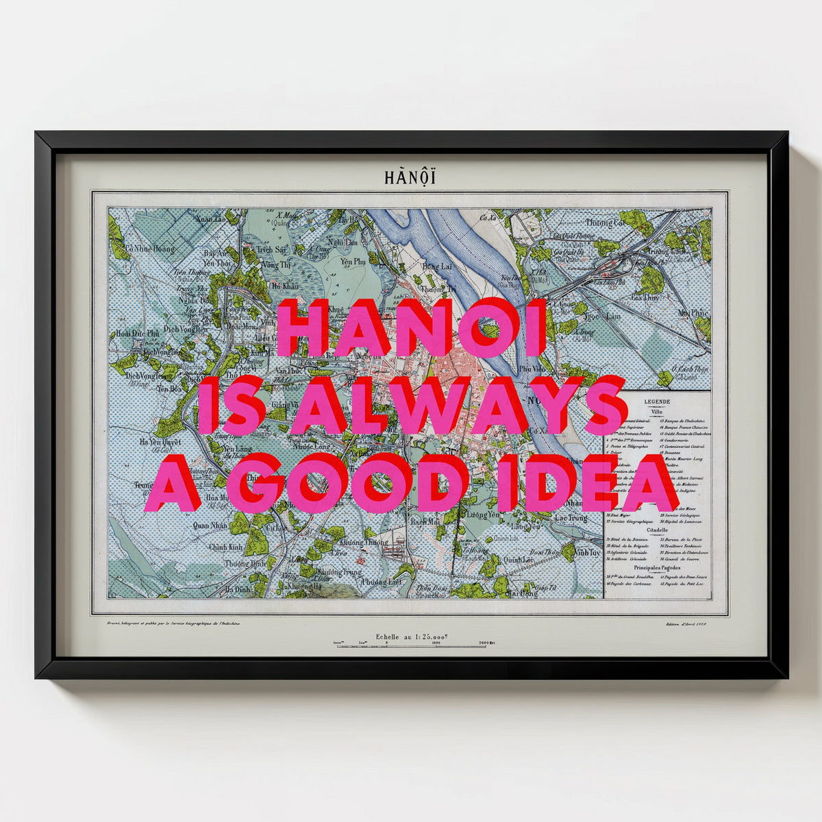 Hanoi Retro Pop Art Map Print (landscape) - black frame mockup - Magic Posters